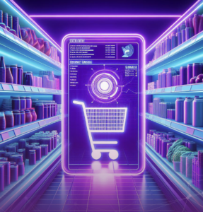 Telefone com carrinho de compras num corredor de compras futurista